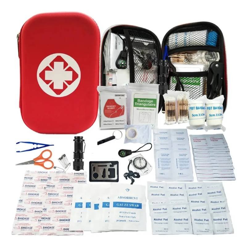 Botiquín de primeros auxilios compacto con estuche rígido para auto, camping y viajes