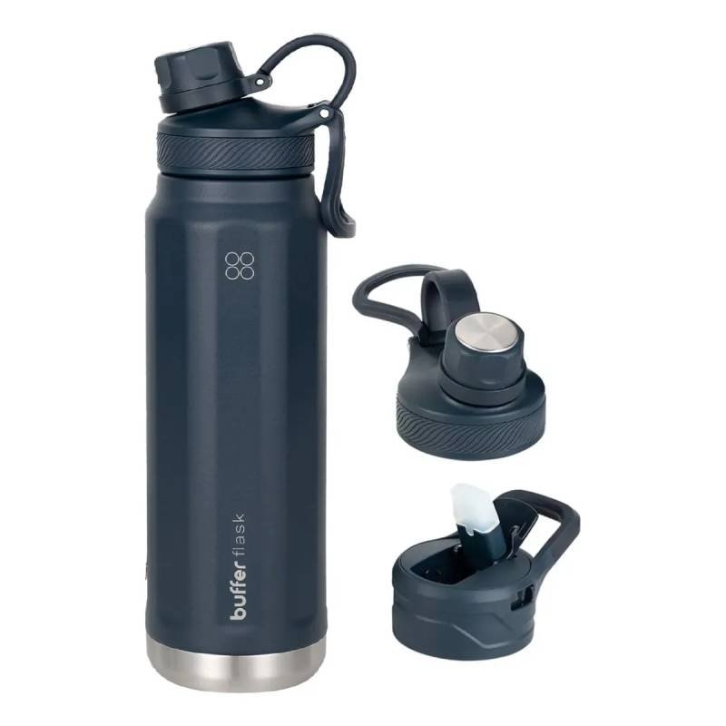 Termo Buffer de 1 litro en acero inoxidable azul con dos tapas intercambiables