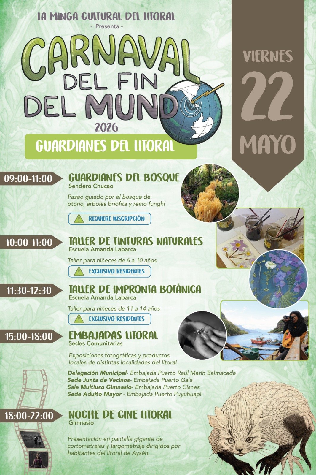 La Minga Cultural del Litoral invita al Carnaval del Fin del Mundo 2026: Guardianes del Litoral, que se realizará del jueves 21 al domingo 24 de mayo en Puerto Raúl Marín Balmaceda.