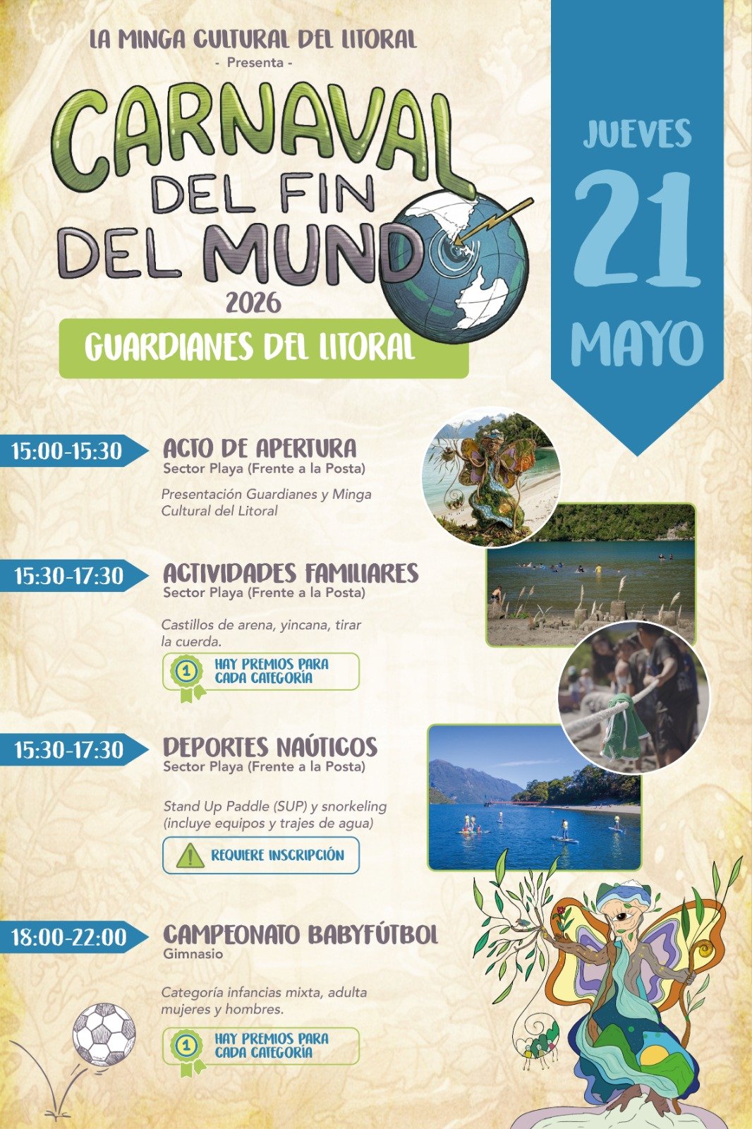 La Minga Cultural del Litoral invita al Carnaval del Fin del Mundo 2026: Guardianes del Litoral, que se realizará del jueves 21 al domingo 24 de mayo en Puerto Raúl Marín Balmaceda.