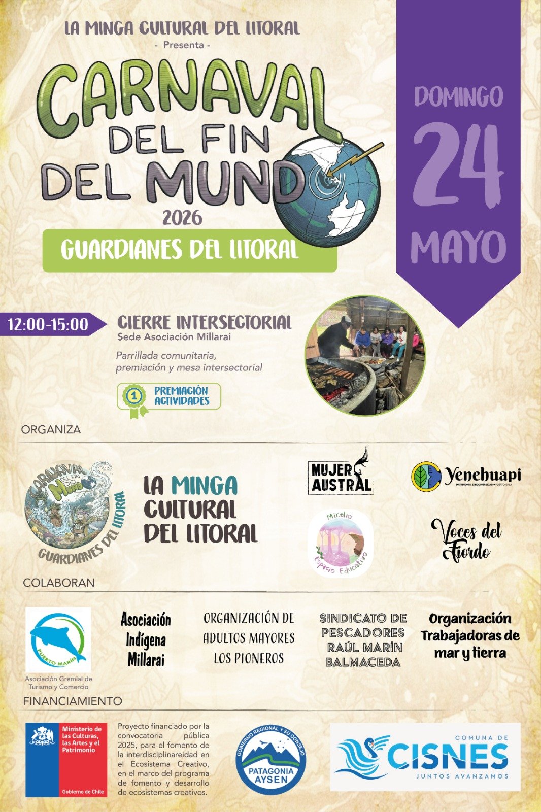 La Minga Cultural del Litoral invita al Carnaval del Fin del Mundo 2026: Guardianes del Litoral, que se realizará del jueves 21 al domingo 24 de mayo en Puerto Raúl Marín Balmaceda.